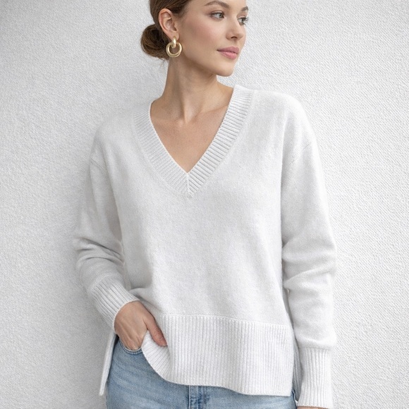 Vince Cashmere Gray V-neck Ribbed Hem Long Sleeve Sweater S